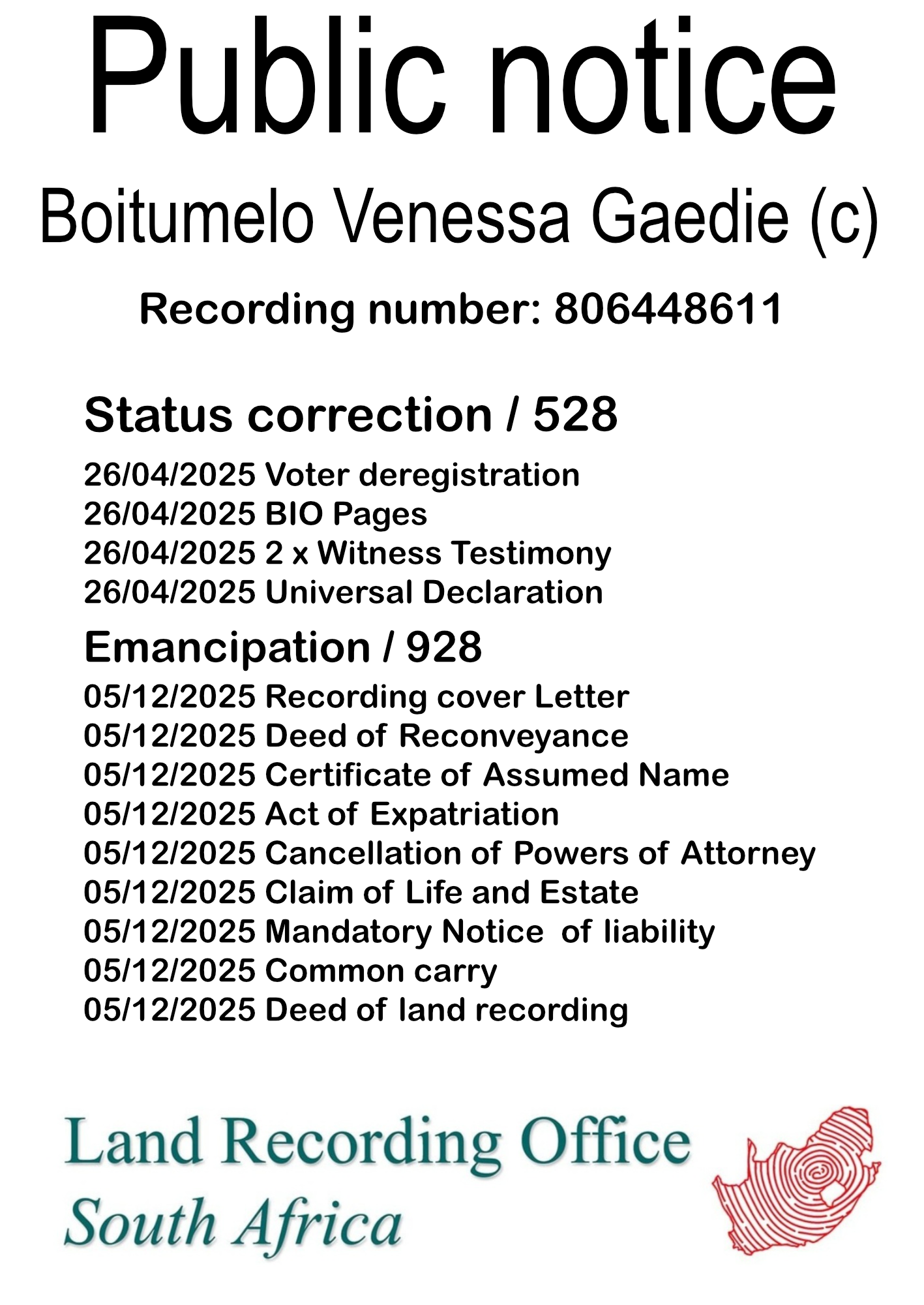 Public notice Boitumelo Venessa Gaedie Recording number 806448611